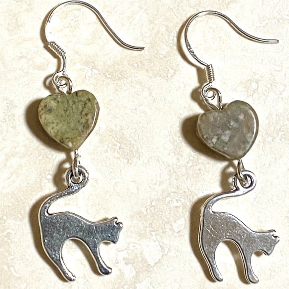 2/$20, Natural Unakite Stone Heart + Slim Cat Dangle Earrings - Picture 1 of 9